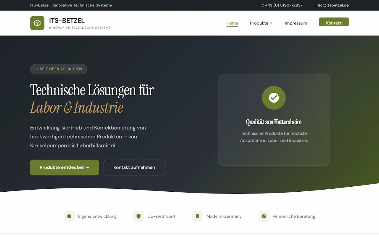 Screenshot der neuen Website für ITS-Betzel – Webauftritt für technische Produkte in Labor und Industrie