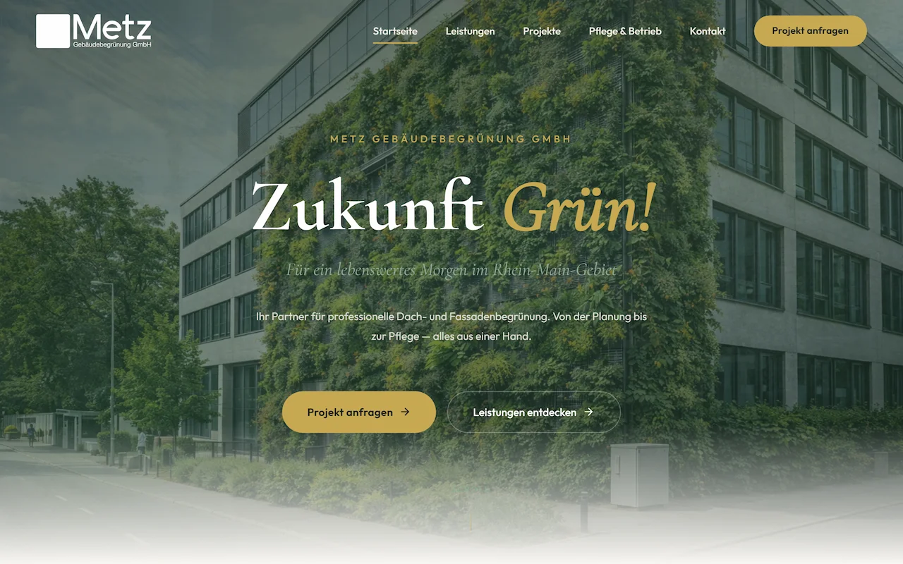 Screenshot der Website für Metz Gebäudebegrünung – Webauftritt für Dach- und Fassadenbegrünung im Rhein-Main-Gebiet