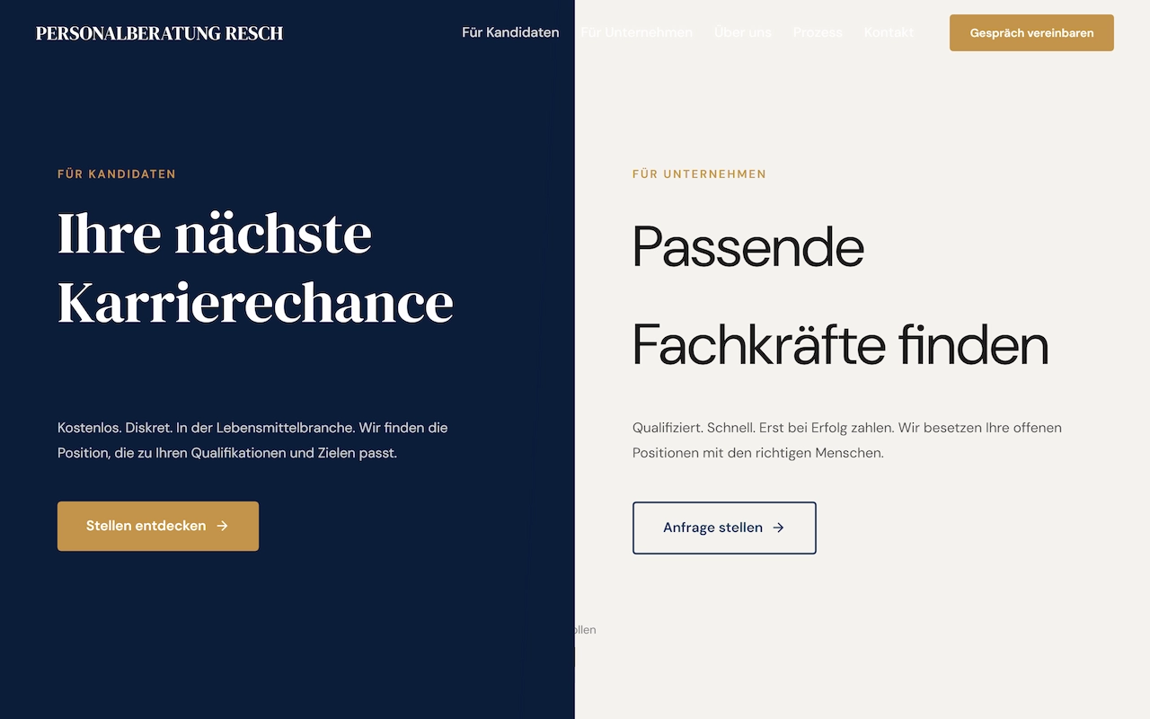 Screenshot der Website für Personalberatung Resch – Webauftritt für Personalvermittlung in der Lebensmittelbranche